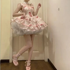 Hnewly DRESS TO IMPRESS Sweet Girls Lolita Jsk Dress Women Vintage Y2k Bow Ruffle Flyling Sleeve Party Princess Dresses Japanese Fairy Ballet Mini Dress