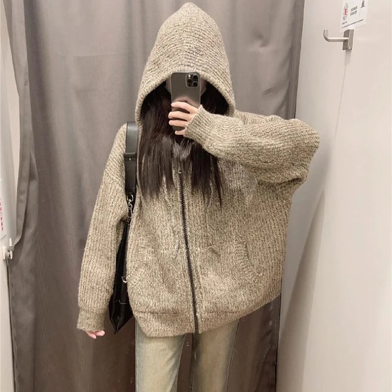 Hnewly Zipper Hooded Knitted Cardigan Women Harajuku Vintage Knitwear Preppy Style Solid Casual Warm Sweaters Coat Oversize