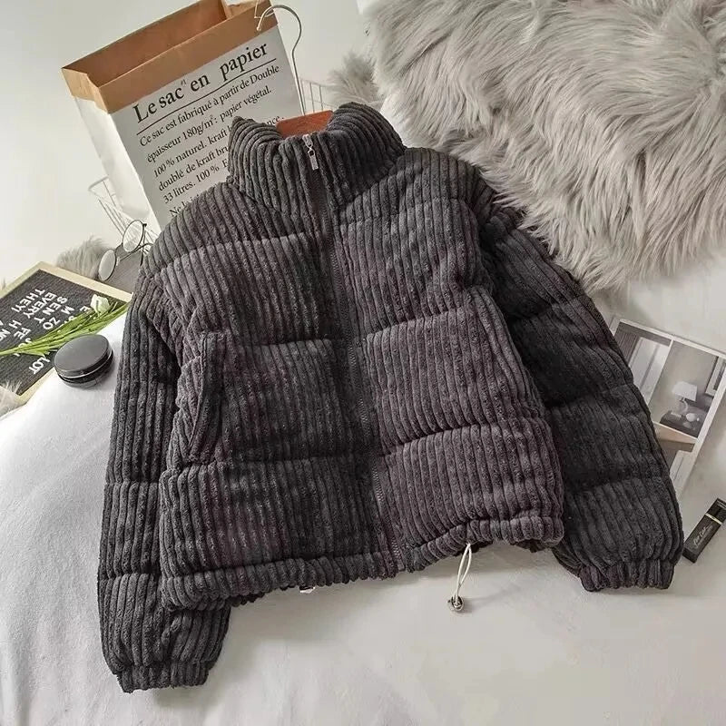 Hnewly outfit inspo winter New Winter Warm Thick Parkas Women Fashion Loose Crop Jacket Female Black Cotton Padded Corduroy Elegant Zipper Coat Tops