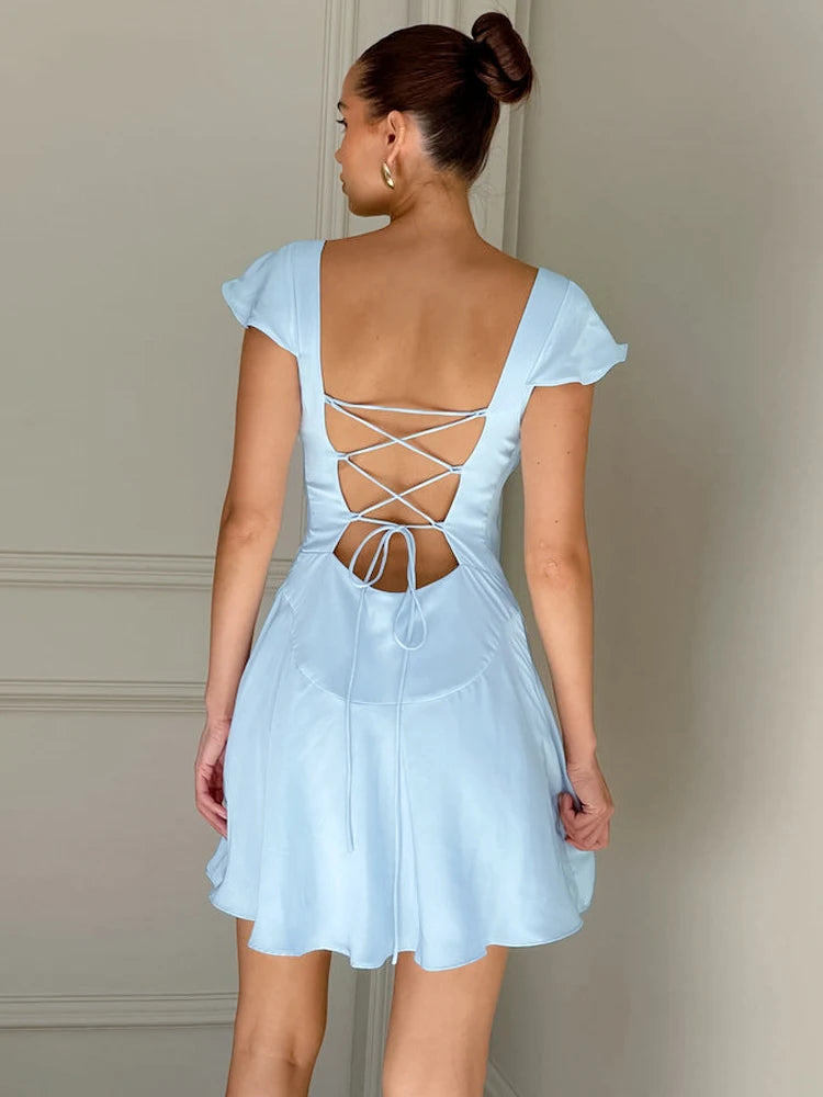 Hnewly Elegant Backless Lace Up Mini Dress Women Summer Solid Color High Waist Slim Short Sleeve Patchwork Party Mini Dress 2024