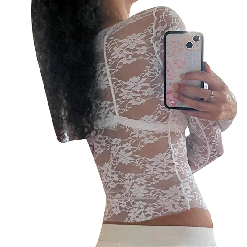 Hnewly Lace Coquette Top Women Sexy Sheer See Through Floral Round Neck Long Sleeve T Shirt y2k Aesthetic Clothing Streetwear