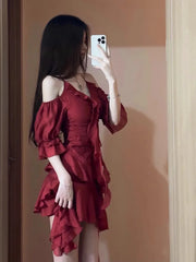 Hnewly 2024 New Red French Elegant Y2k Mini Dress Even Party Short Sleeve Woman Vintage One Piece Dress Korean 90s Fashion Summer Chics