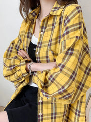 Hnewly Fashion Plaid Women Shirt Fashion Korean Oversize Tops Harajuku Daily All-match Long Sleeve Chic Female Yellow Shirts New