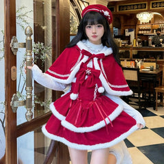 Hnewly NEW YEAR DRESS TO IMPRESS Japanese Kawaii Lolita Dress Sets Women Hooded Shawl Short Jackets Bow Mini Skirt Korean Style Sweet Red Christmas New Year Suit