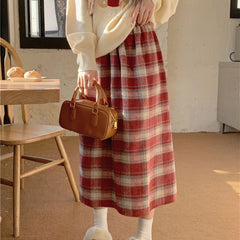 Hnewly Preppy Style Wool Long Skirt Vintage Kawaii Sweet Korean Fashion Plaid Skirts Cute Autumn Winter Patchwork Midi Skirts