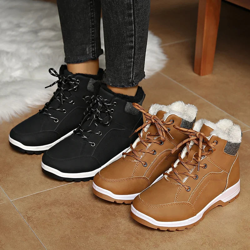 Hnewly Women Lace Up Thick Sole Warm Snow Boots New Winter Fluffy Cotton Padded Shoes Ladies Waterproof Non Slip Platform Sneakers