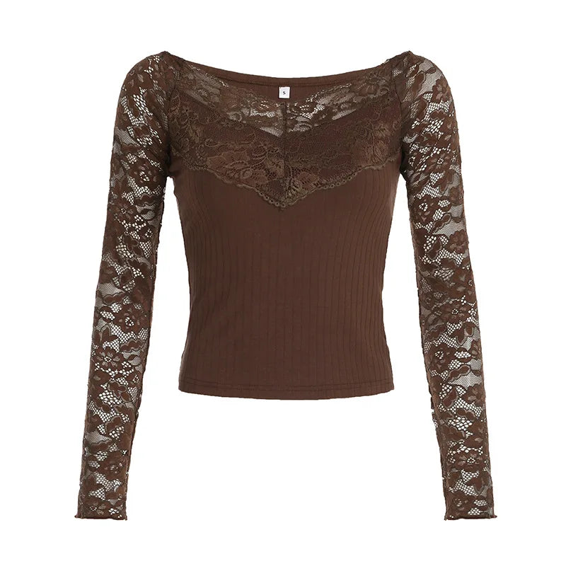 Hnewly y2k Fairycore Tops Women Clothing Brown Lace Patchwork Long Sleeve Knitted T Shirts 2000s Aesthetic Clothes Streetwear