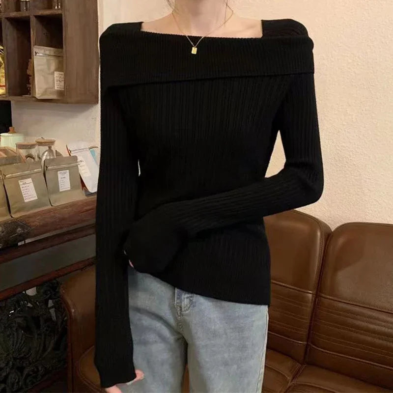 Hnewly trashy outfits Solid Sexy Slim Off Shoulder Slash Neck Long Sleeve Knitting Sweater  Women Jumpers Office Fashion New