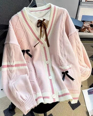 Hnewly Sweet Bow Knitted Cardigans Y2k Aesthetic All Match Contrast Color Coats Fashion Single Breasted Women Kawaii JK Sweaters Jumper