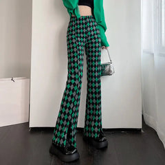 Hnewly Green Plaid Ladies Bell Pants Checked Korean Flared Trousers for Women Vintage Flare Leggings Leg Slit Fluid Elasticity Sexy Hot