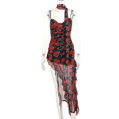 Hnewly Ruffle Edge Floral Split Dress With Seaside Vacation Style Atmosphere Slimming And Waist Tightening