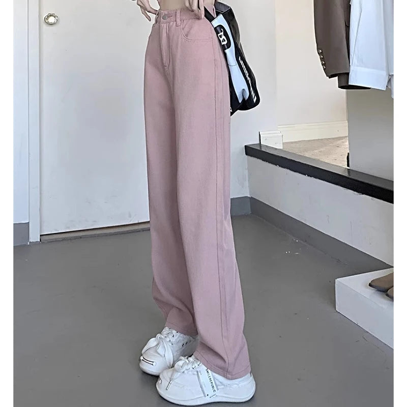 Hnewly Woman Vintage Wide Leg Jeans Girls High Waist Pants Female Fashion Black Black Grey Retro Blue Light Blue Pink Denim Trousers