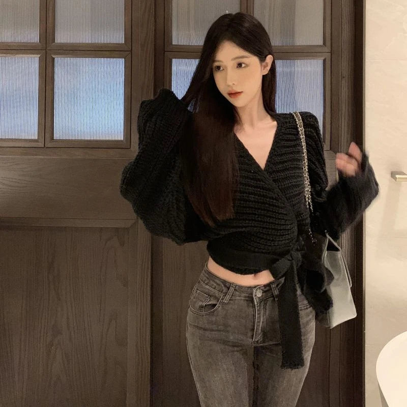 Hnewly Sexy Vintage Knitted Pullover Women Black Sweater Lace Up Crop Tops Korean Style Long Sleeve Pullovers Solid Aesthetics