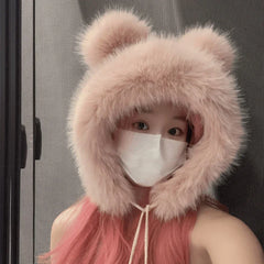 Hnewly Women Winter Warm Kawaii Fox Fur Imitation Mink Plush Hat Thickened Cute Bear Ear Japanese Bomber Hat Ear Protection Cosplay Cap