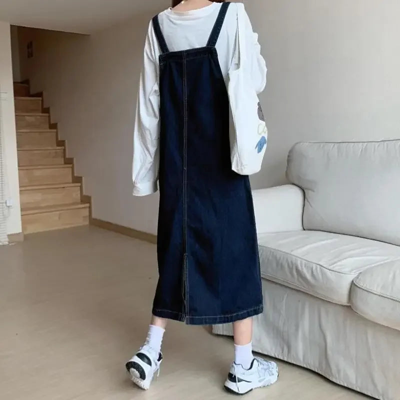 Hnewly Spring Summer Denim Overall Dress Women Casual Sleeveless Jeans Dresses Fashion Solid Split Loose Spaghetti Strap Dresses Girls