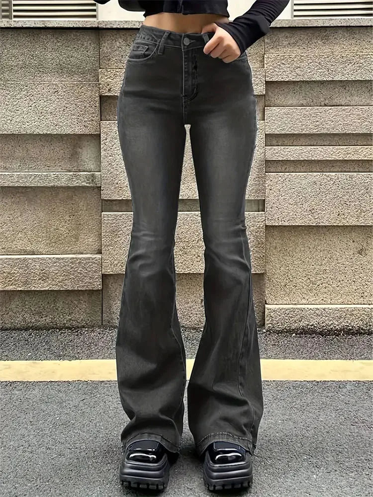 Hnewly Women Flare Stretch Moustache Jeans Fashion Skinny Bell Bottom High Waist Gray Denim Pants Lady Classic Y2K Punk Long Trousers