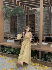 Hnewly Sweet Vintage Floral Strap Dress Women Sexy Elegant V-neck Long Fairy Dress Female 2024 Summer Korean One Piece Dress Party Chic