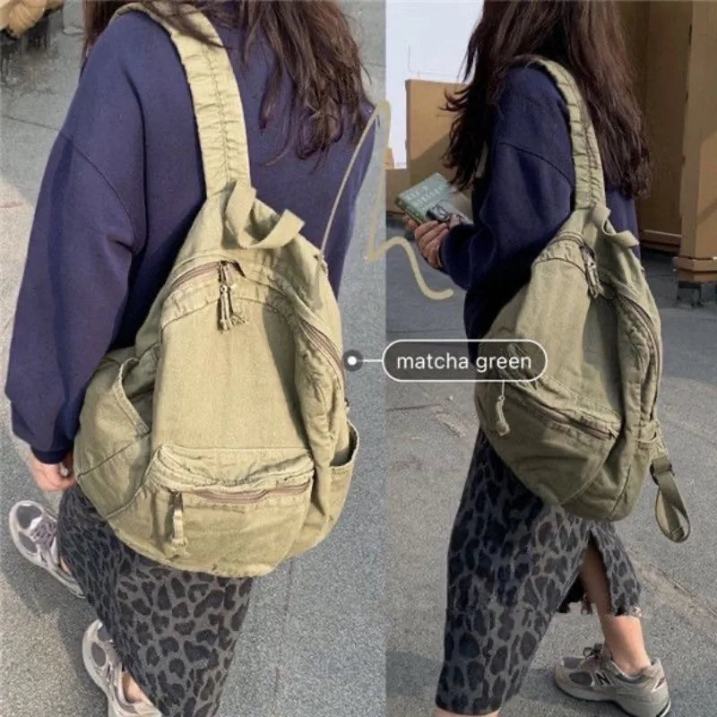 Hnewly Vintage Backpack for Women Canvas Women Rucksack Zipper Casual Medium-Capacity Preppy Style Female Bag