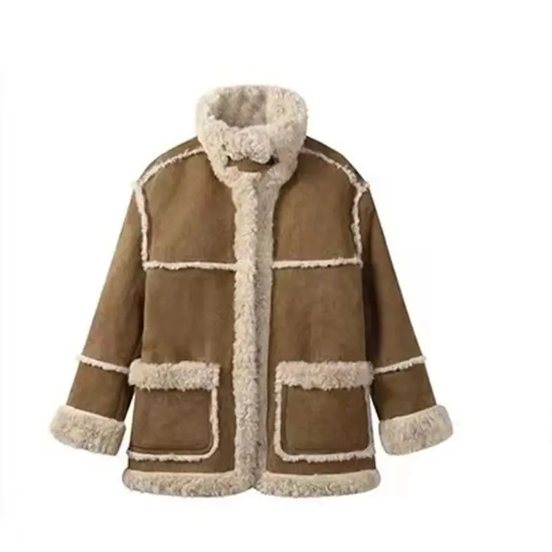 Hnewly Winter Warm Overcoats Women Outwear Casual Y2k Office Lady Vintage Faux Fur Wool Coat Ladies Korean Fashion Khaki Jackets Chic