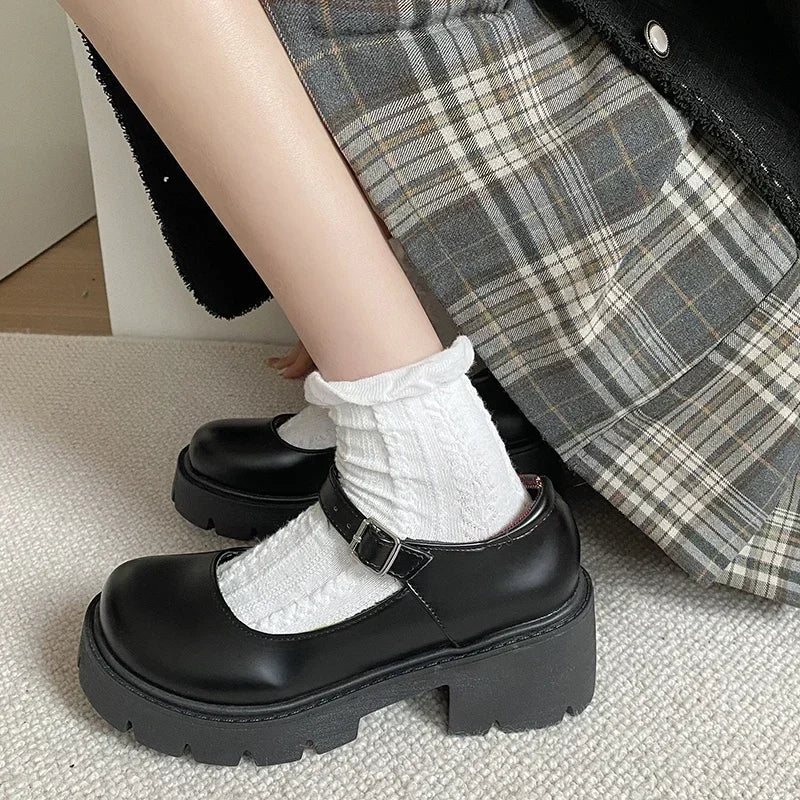 Hnewly Platform Heels Mary Jane Shoes Simple Lolita Black Platform Heeled Shoes Student College Sweet Medium Heel Women Single Shoes