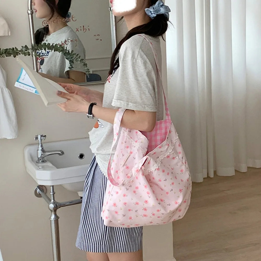 Hnewly Pink Floral Canvas Shoulder Bag Handbag Korean Travel Beach Bag Double-sided Shopping Totes Bag Girl Lace Underarm Bag