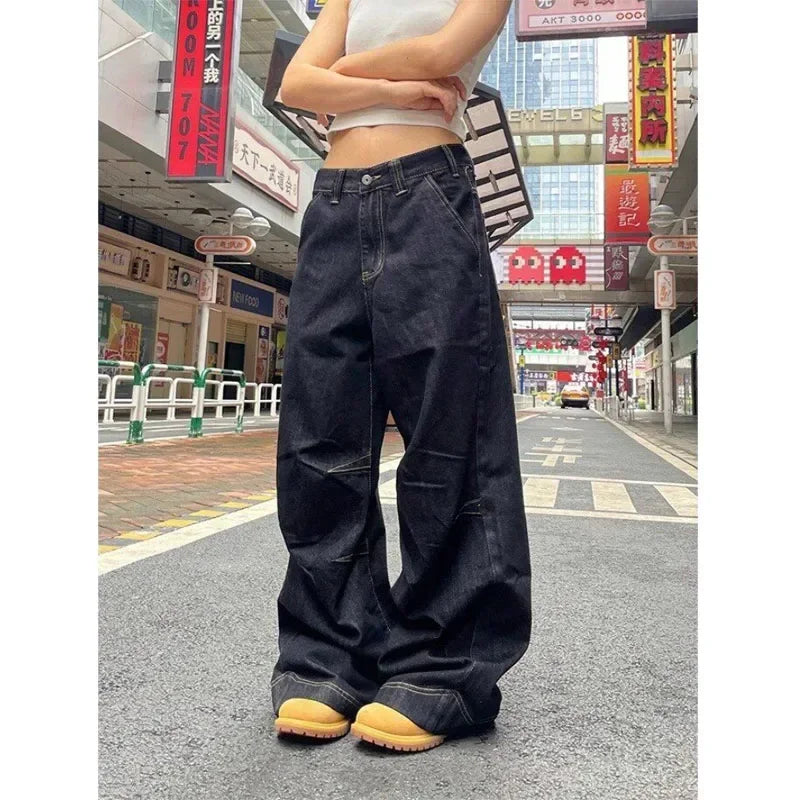 Hnewly Grunge Black Jeans Women Y2k Vintage Oversized High Street Wide Cargo Denim Trousers Casual Baggy Straight Denim Pants