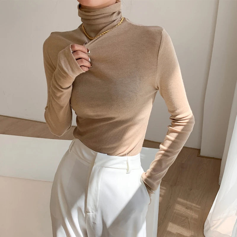 Hnewly Turtleneck Long Sleeve Women T-shirts Autumn Winter Basic Base Shirt Woman Casual Slim Tee Shirts Female Tops