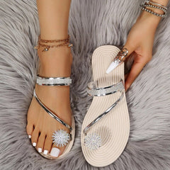 Hnewly Flat Sandals for Women Dressy Summer Sparkly Rhinestone Slide Beach Shoes Women's Dress Shoes Bling Trendy Ladies Sandals