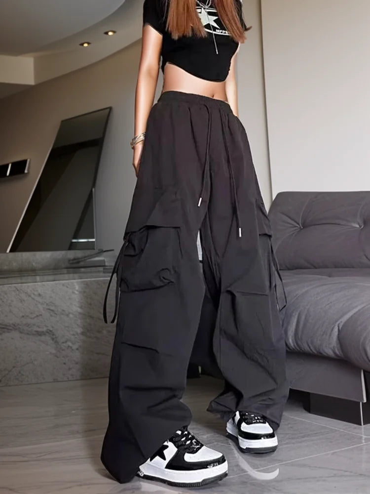 Hnewly Women Y2K Cargo Pants High Waist Streetwear Hip Hop Trousers Female Big Pockets Casual Student Drawstring Baggy Sweatpants