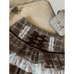 Hnewly Kawaii Ruffle Lace Plaid Skirts Women Sweet Elegant Mini Skirt Cutecore Autumn Winter Patchwork A-line Short Skirts