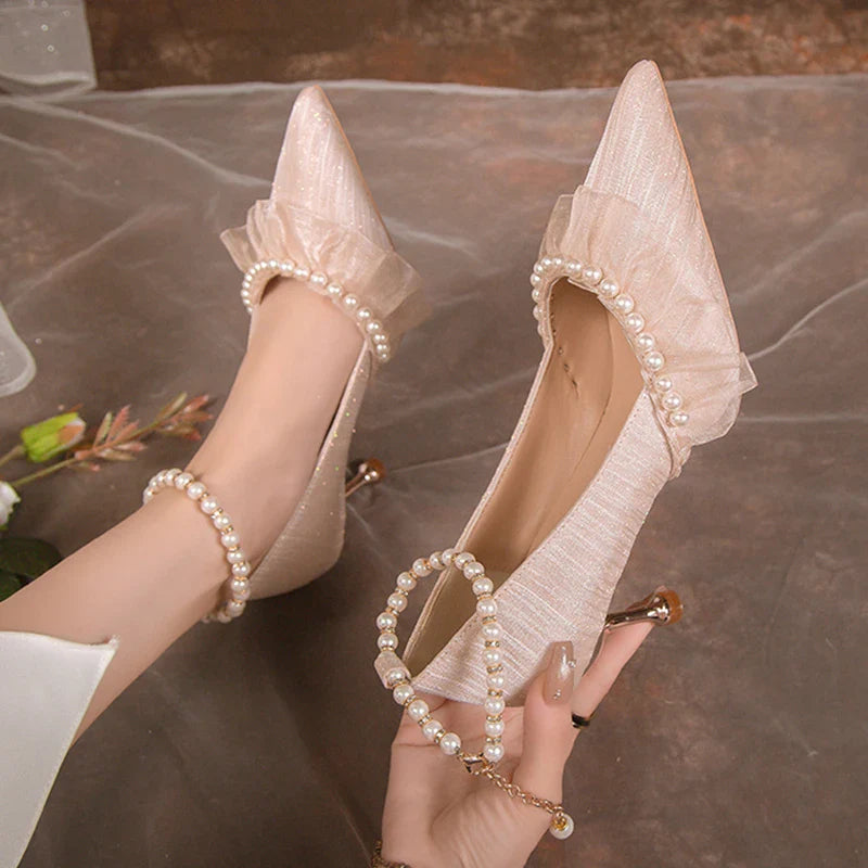 Hnewly Pearl Ankle Strap Thin Heel Pumps Women Sexy Lace String Bead Party Wedding Shoes Woman Autumn Pointed Toe High Heels Pumps