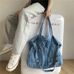 Hnewly BACK TO SCHOOL Denim Tote Bags for Women and Man Large Capacity Design Handbag Unisex Casual Blue Shoulder Shopping Pack Jeans Japan Style Y2K