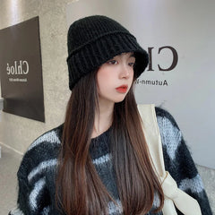 Hnewly Wool Knit Buket Hat Soft Warm Fisherman Beanie Cap Slouchy Winter Crochet Knitted Skull Hat for Women Autumn Wool Hat