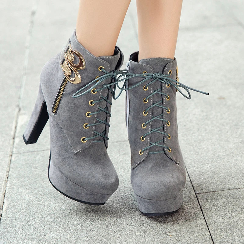 Hnewly New Autumn Ankle Boots for Women Platform High Heels Shoes Woman Buckle Short Booties Casual Faux Suede Footwear