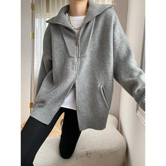 Women Autumn Knitted Turn Down Collar Cardigans Zip Design Long Sleeve Women Sweater Cardigans Coat