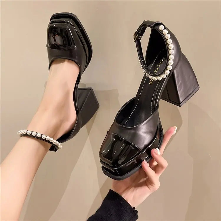 Hnewly Women Heels Platform Shoes Mary Jane Shoes for Women 2024 Chunky Heels Buckle Strap Pumps Woman Thick Bottom Pearl Sandals