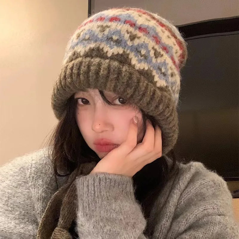 Hnewly warm winter outfits Women Ethnic Style Striped Spliced Knitted Woolen Hat for Autumn and Winter Thickened Warm and Cold Resistant Ear Protection