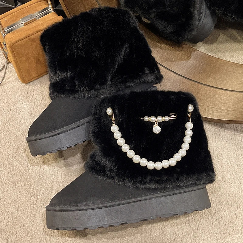 Hnewly Winter New String Bead Plush Women's Boots Warm Stylish Thick Platform Slip On Boots Faux Fur Plus Size 43 Ankle Botas Shoes