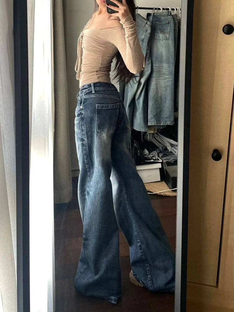 Hnewly BACK TO SCHOOL OUTFIT Y2k Vintage Baggy Wide Leg Jeans for Women Washed Casual High Waist Loose Denim Pants Streetwear Korean Flared Trousers