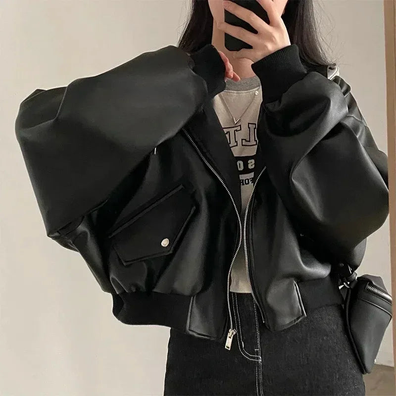 Hnewly outfit inspo winter Fashion Hooded Loose Leather Jackets Women Fashion Faux Leather Coats Spring Autumn Korean PU Jackets