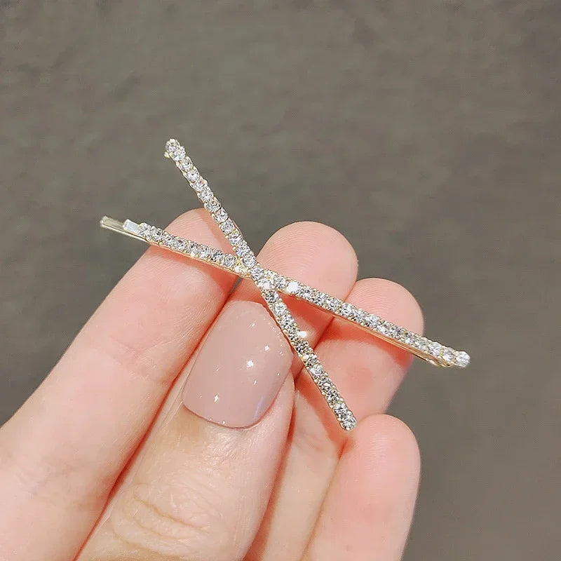 Hnewly 2pcs Cross Crystal Hairpins Rhinestone X Hair Clips Barrettes Simple Side Clip Bridal Headwear Girl Fashion Hair Accessories New