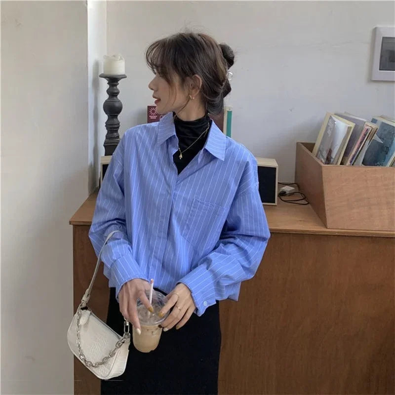 Hnewly Shirts Women Blue Striped Loose Harajuku Long Sleeve Casual Spring Tops Students All-match Fashion Simple Korean Ulzzang Chic BF