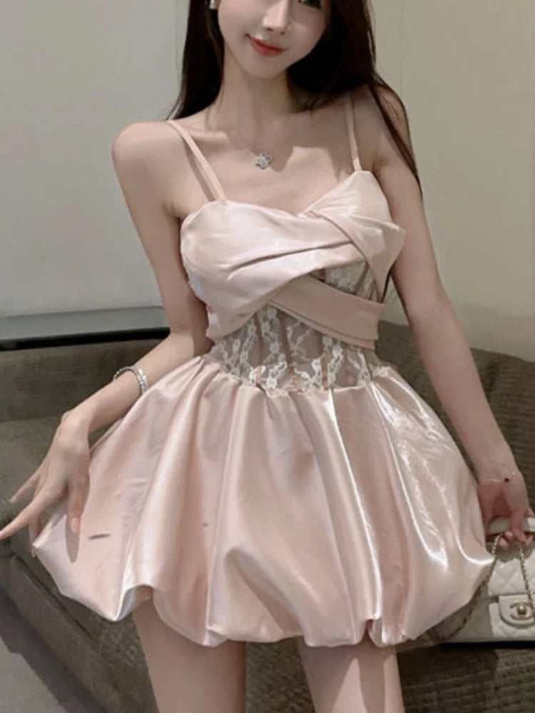 Hnewly French Fashion Princess Elegant One Piece Dress Women Summer New Pink Slim Mini Dress Female Y2k Vintage Sleeveless Dress 2024