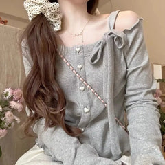 Hnewly Fashion Sweet Off Shoulder Cardigan Bow Lace Up Sweaters New Slim Fit Pink Tops Women Y2k Grunge Long Sleeve Cardigan Mujer