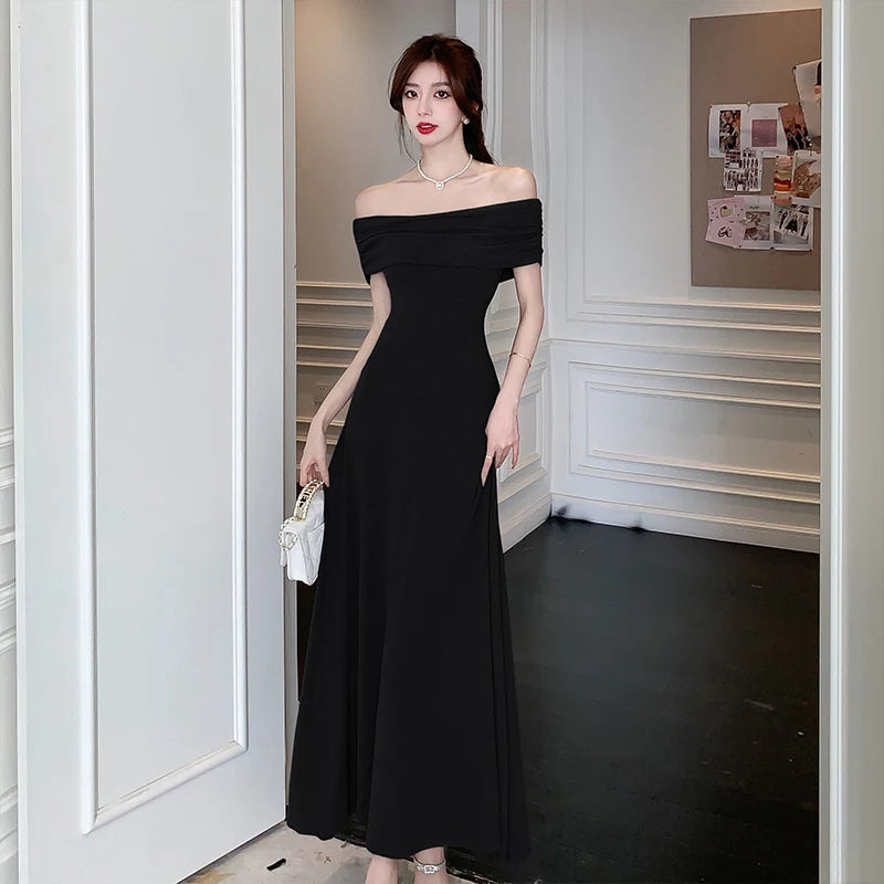 Hnewly New Elegant Solid Strapless Long Dress for Women Summer 2024 Sexy Slim High Waisted Off Shoulder Party Evening Dresses Korean