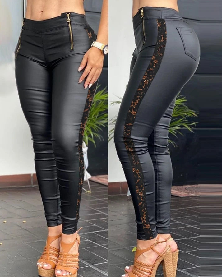 Hnewly Women Pants Autumn Fashion Crochet Lace Patch Zipper Design PU Leather High Waist Skinny Long Pants Female