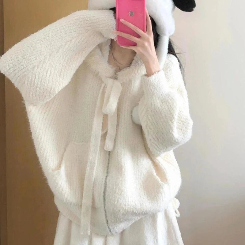 Hnewly Kawaii Sweet Knitted Cardigan Women Elegant Zip Up Hooded Cardigan Cute Japanese Style Solid Autumn Winter Sweater Coat