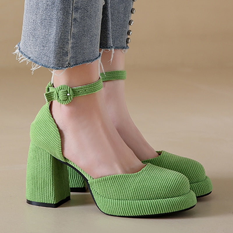 Hnewly Green Ankle Strap Platform Pumps Women Corduroy High Heels Mary Jane Shoes Woman Elegant Chunky Heeled Party Dress Shoes