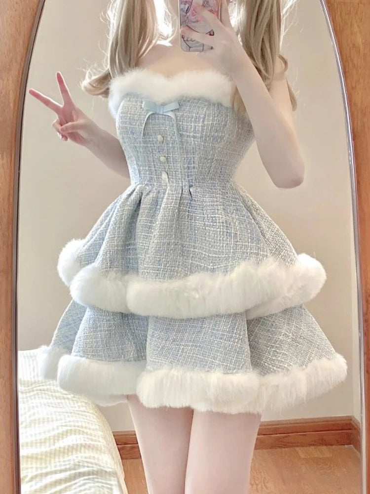 Hnewly Winter Kawaii Lolita 2 Piece Dress Set Sweet Short Coat Warm + Cute Fashion Y2k Mini Dress Party Japanese Style Suit Woman