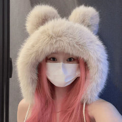 Hnewly Women Winter Warm Kawaii Fox Fur Imitation Mink Plush Hat Thickened Cute Bear Ear Japanese Bomber Hat Ear Protection Cosplay Cap